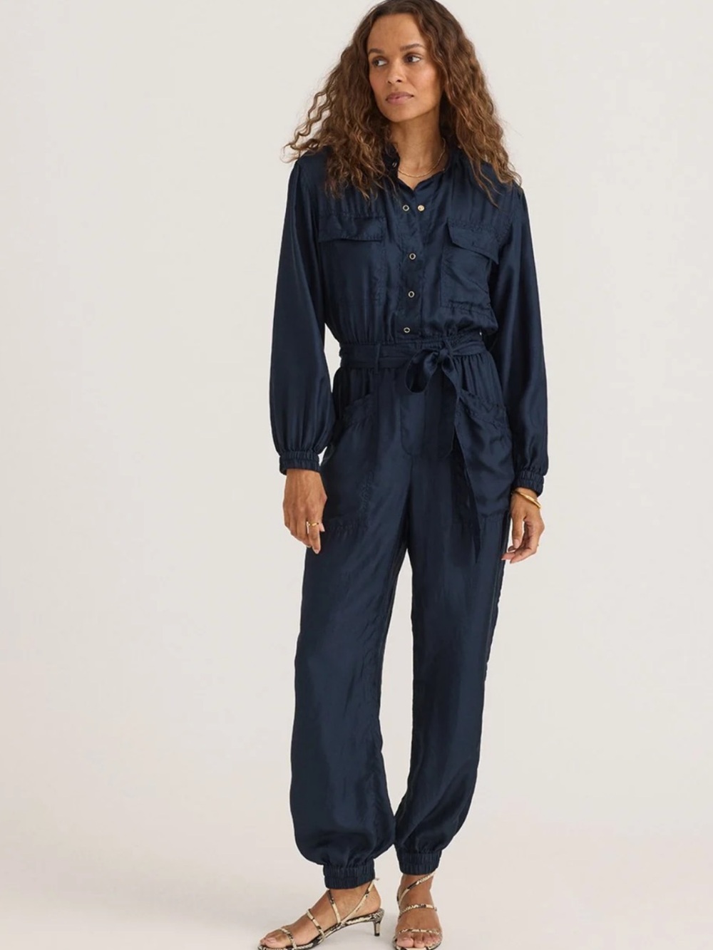 NWT Unsubscribed Navy Blue Silk Utility Jumpsuit